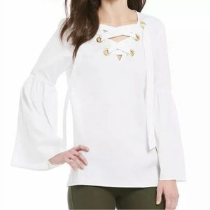 Like new Michael Kors White Lace Up Top Long Bell Sleeves Casual Office Career